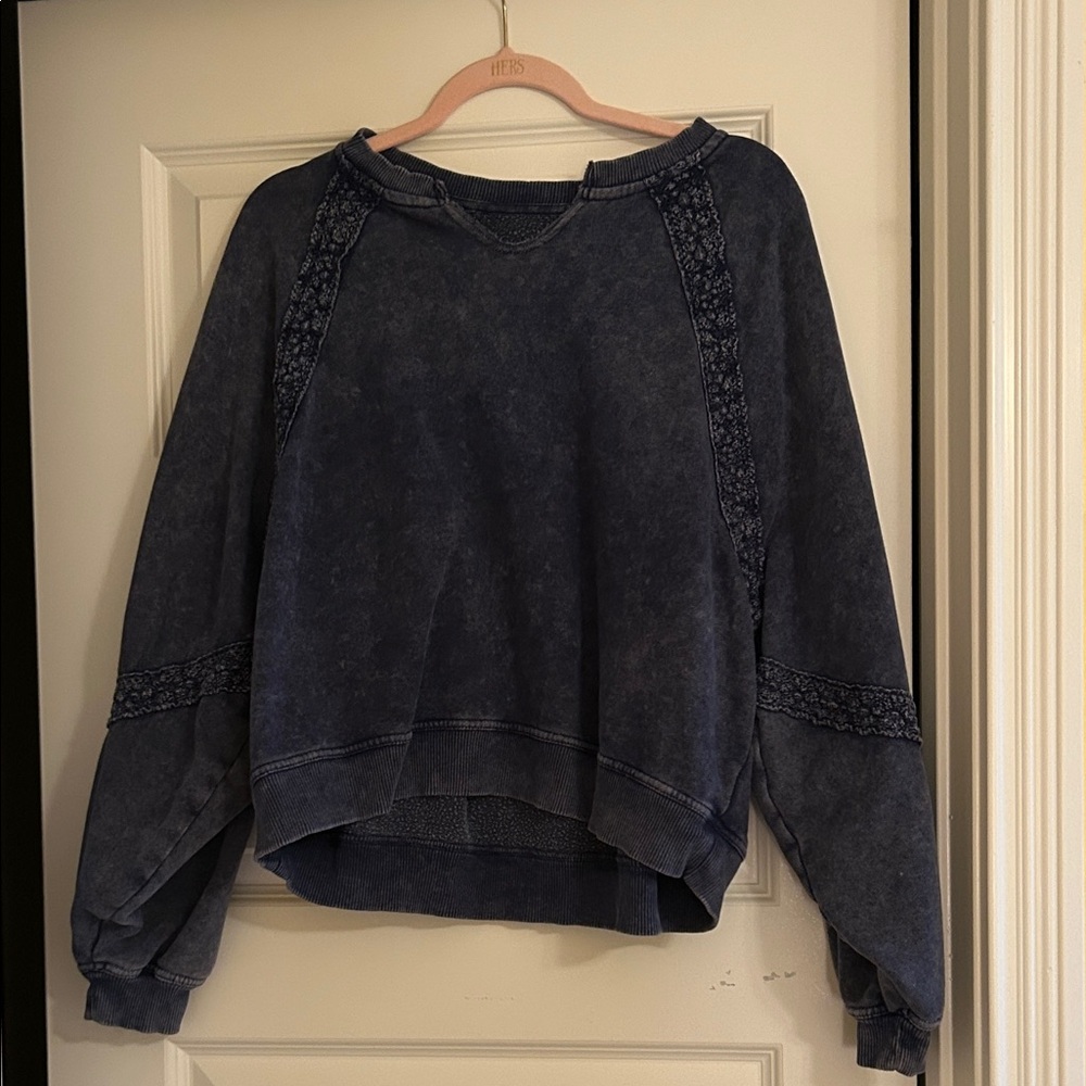 aerie Vintage Wash Navy Lace-Trim V-Neck Sweater